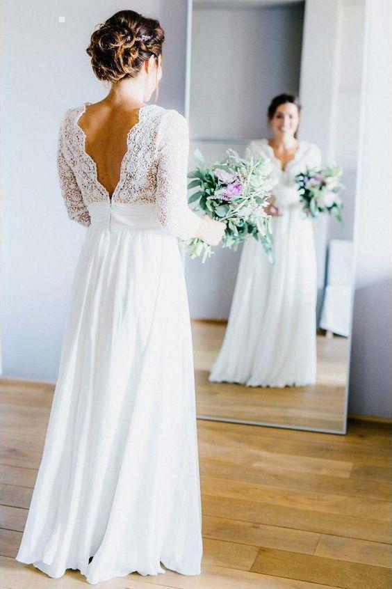 3/4 Sleeve See Through Backless Lace Wedding Gowns Chiffon Rustic Wedding Dresses