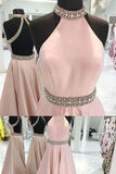 Pink Backless Beaded Prom Dress Halter Prom Dress Custom Made Evening Dress