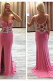 Sexy Mermaid Beaded See Through Long V-Neck Pink Custom Prom Dresses