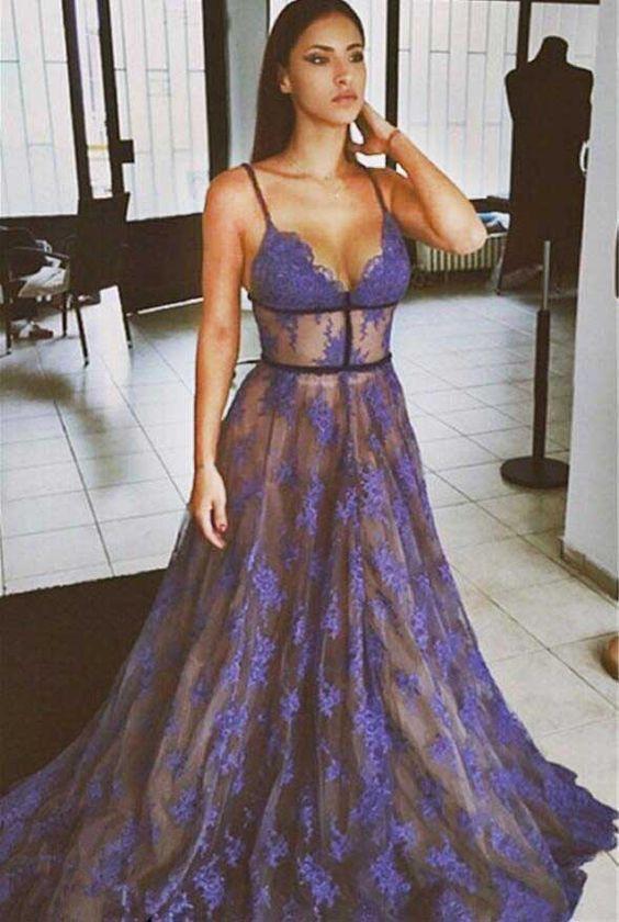 Purple Lace Prom Dresses Spaghettis Straps Nude Lining Long Sexy Evening Gowns
