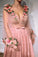 3D Floral Long Sleeve Pink Prom Dresses Pearl Beaded V Neck Formal Dresses