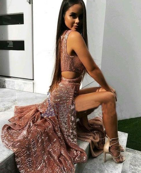 2022 Charming Sexy Sequin Sparkly Simple Rose Gold and Black Split Fashion Prom Dresses