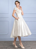 A-Line Tea-Length Satin V-neck Ruffle Wedding Lace With Dress Mayra Wedding Dresses