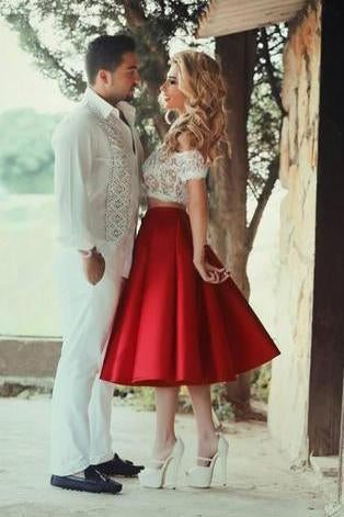 Two Piece Red Satin Lace Off-the-shoulder White Short Sleeve Tea-Length Party Dresses
