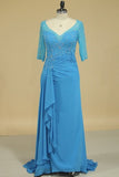 2022 Mid-Length Sleeves Chiffon Mother Of The Bride Dresses With Beads Royal P78CRFJT
