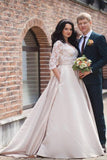 2019 A-Line Lace 3/4 Sleeve Pockets Scoop Satin Button Floor-Length Wedding Dress