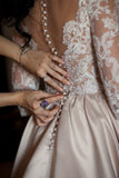 2019 A-Line Lace 3/4 Sleeve Pockets Scoop Satin Button Floor-Length Wedding Dress