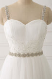 A Line White Spaghetti Straps Tulle Beads Appliques Sweetheart Zipper Prom Dresses