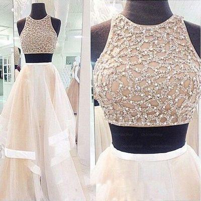 New Style Prom Dresses Sexy Champagne Prom Dress Two Piece High Neck Tulle Party Dresses