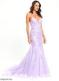 Train V-neck Sweep Trumpet/Mermaid Amiya Lace Tulle Sequins Prom Dresses With