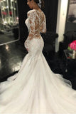 Long Sleeves Court Train Ivory V-Neck Mermaid Tulle Wedding Dress With Lace Appliques