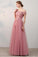 Chic A-Line Off-the-Shoulder Pink Appliques Lace-up Tulle Modest Long Prom Dresses