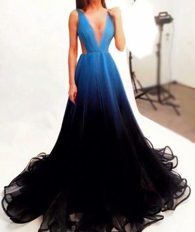 2019 New Style Black V-Neck New Arrival Long Gradient Color Tulle Long Prom Dresses