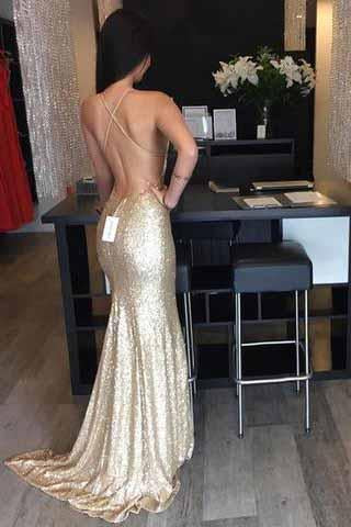 2019 Backless Sequin Mermaid Gold Long Custom Criss Cross Sleeveless Prom Dresses