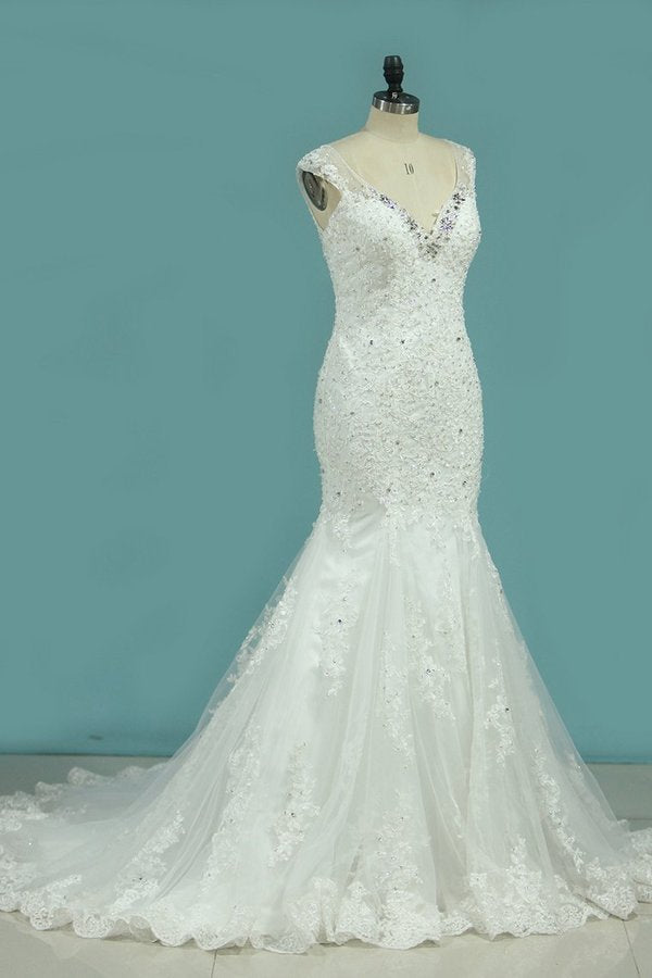 2022 New Arrival Wedding Dresses V Neck Mermaid Tulle With Applique PKGKZCHK