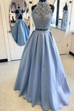 Two Pieces Prom Dresses Satin With Applique Floor Length PGYEKHJA