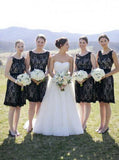 Simple Hot Scoop Open Back Lace Black Short Bridesmaid Dresses