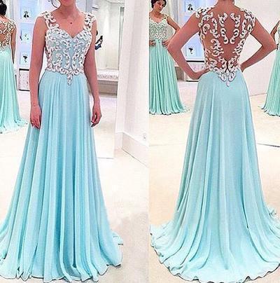 See Through Sexy Blue Sweetheart Sleeveless A-Line Chiffon Appliques Long Prom Dresses
