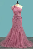 2022 One Shoulder Prom Dresses Mermaid Tulle With Beads And Sash P8PN2BT6