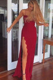 2022 A-Line Red Long Sheath Lace Spaghetti Straps Split Front Sweetheart Prom Dresses