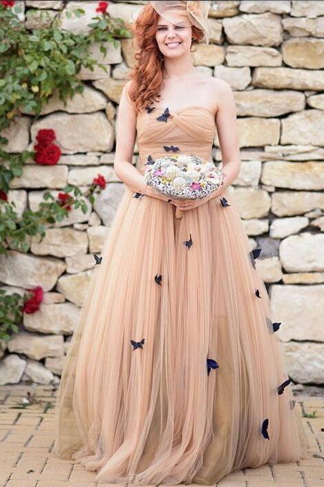 A-Line Strapless Sweetheart Lace up Prom Dress Tulle Sleeveless Ruffles Wedding Dresses