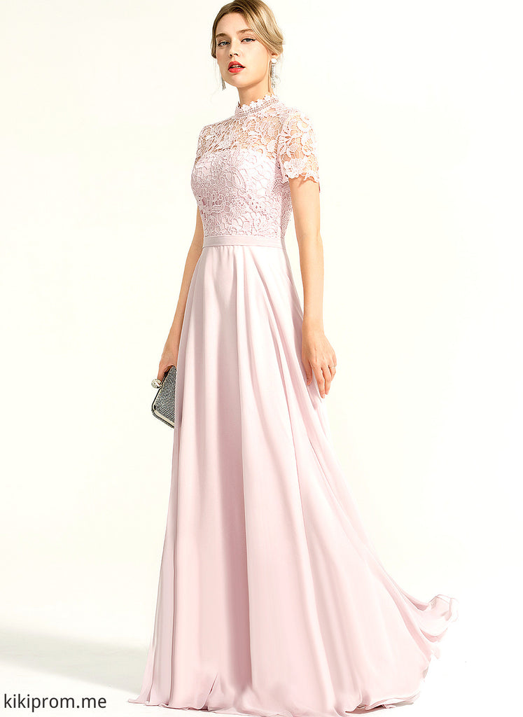Zion Prom Dresses A-Line High Chiffon Neck Illusion Floor-Length Lace