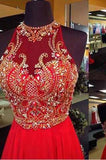A-Line Halter Sleeveless Open Back Chiffon Red Beaded Long Rhinestone Prom Dresses