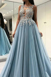 A Line Sleeveless See Through Tulle Prom Dress With Appliques Floor Length Formal STFPMLLSKLL