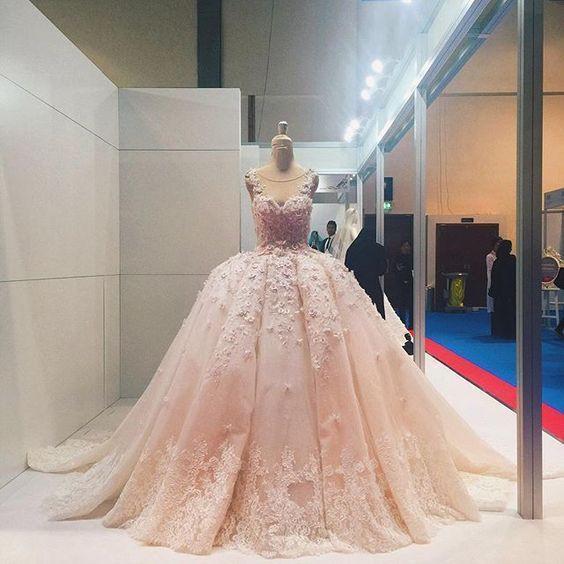 Pink Lace Applique Beads Ball Gown Quinceanera Dress Wedding Dress