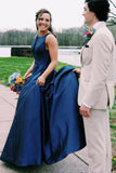 A Line Jewel Sleeveless Prom Dresses Long Cheap Navy Blue Satin Backless Evening Dresses