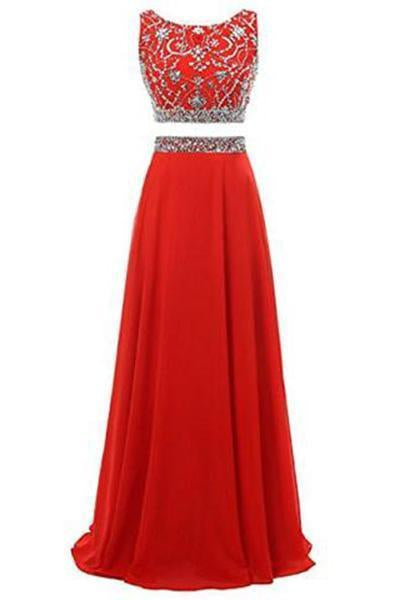 Long Prom Dress 2019 Two Pieces Maxi Chiffon Evening Gowns with Beads