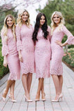 Sheath Tea Length Pink Lace Simple Elegant Bridesmaid Dresses PKLEH1MJ