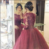Cheap Burgundy 2019 Lace Three Quarter Sleeve Ball Gown Elegant Long Prom Dresses