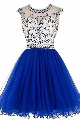 Short Beading Prom Dress Tulle Scoop Cap Sleeve Royal Blue Evening Dress Hollow Back