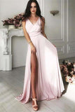 V-Neck Front Split Long Simple Cheap Elegant Pink Prom Dresses PHS3FEBD