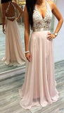 Sexy Pink Prom Dresses Halter V-Neck Lace Sleeveless Open Back Chiffon Evening Gowns