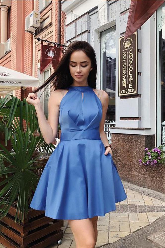 Simple A Line Halter Open Back Satin Blue Short Homecoming Dresses with Pockets