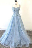 Lace Appliques Sky Blue Prom Dress with Criss Cross Back
