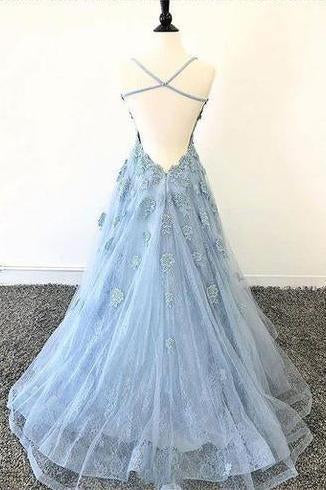 Lace Appliques Sky Blue Prom Dress with Criss Cross Back