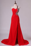 2022 One Shoulder Sheath Prom Dresses Red Chiffon With Beads And PTJ85E4B