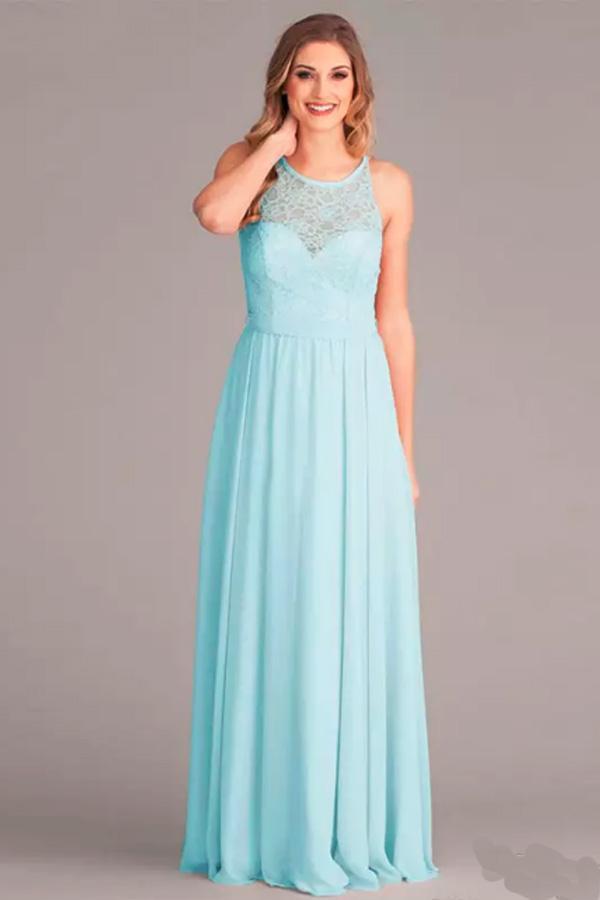 New Arrival A-Line V-Neck Floor-Length Mint Open Back Chiffon Bridesmaid Dress with Lace