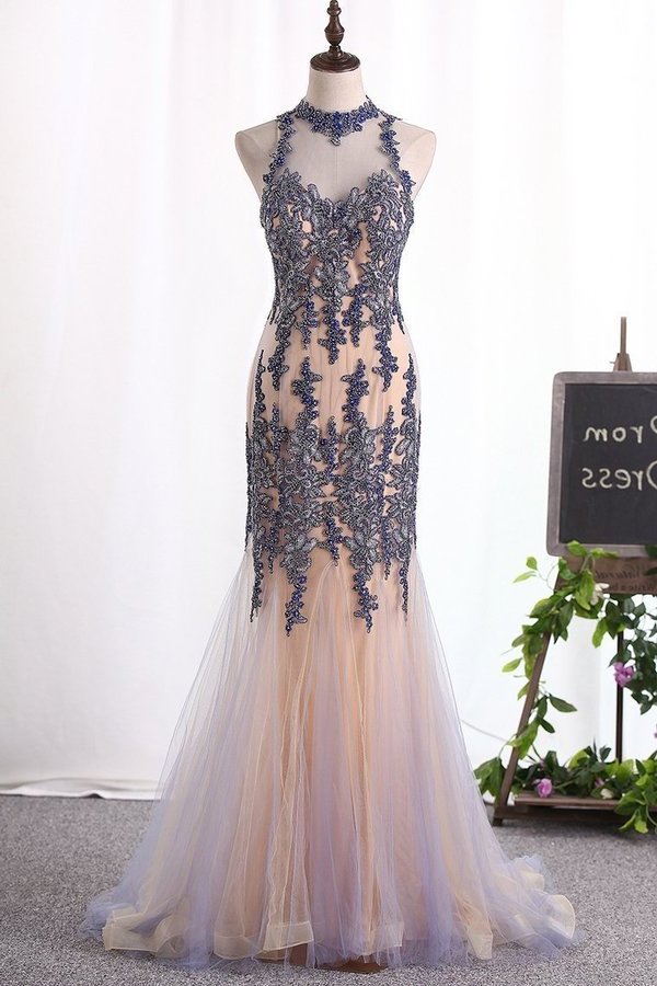 2022 New Arrival High Neck Mermaid Prom Dresses Tulle With Applique P6JK138G