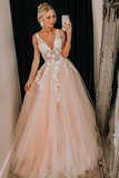 Puffy Deep V Neck Sleeveless Tulle Prom Dresses A Line Appliqued Floor Length Party STFPJ7FHZZE