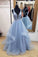 A-Line Blue Deep V Neck Tulle Prom Dresses Long Cheap Open Back Evening Dresses