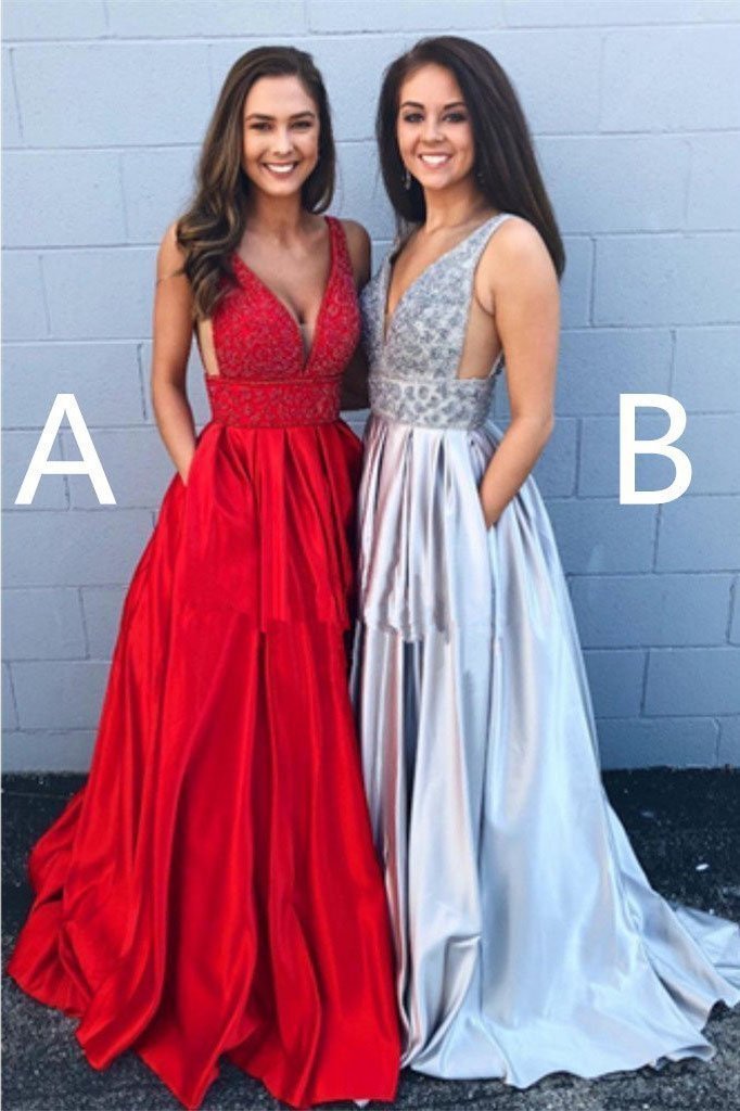 A-line Deep V Neck Beads Red Backless Long Prom Dresses With Pockets Party Dress