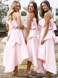A Line Unique Strapless High Low Pink Satin Bridesmaid Dresses with Bowknot
