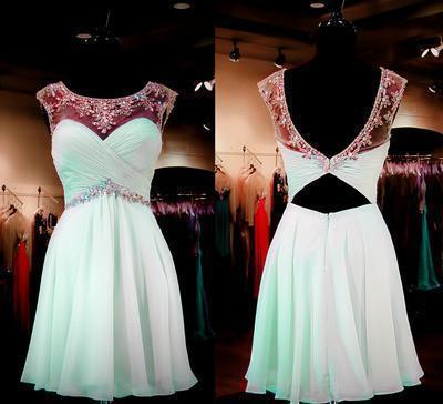 Mint Homecoming Dress A-line Empire Open Back Chiffon with Beaded Short Prom Dress