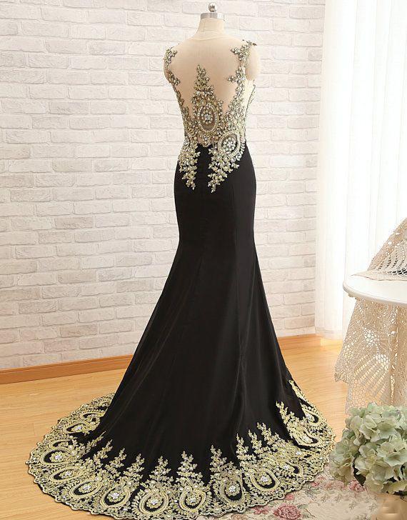 New Arrival Gold Lace Black Mermaid Scoop Sleeveless Yarn Crystal Long Evening Dresses