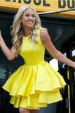 Cute A Line Round Neck Yellow Open Back Satin Sleeveless Short Homecoming Dresses