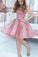 A Line Pink V Neck Lace Beads Satin Knee Length Short Prom Dresses Homecoming Dress